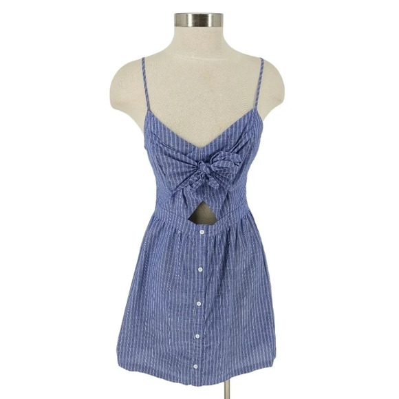 GB Fit Flare Dress Blue Stripe Sleeveless Cutout Button Zip Back Sundress - Picture 1 of 8